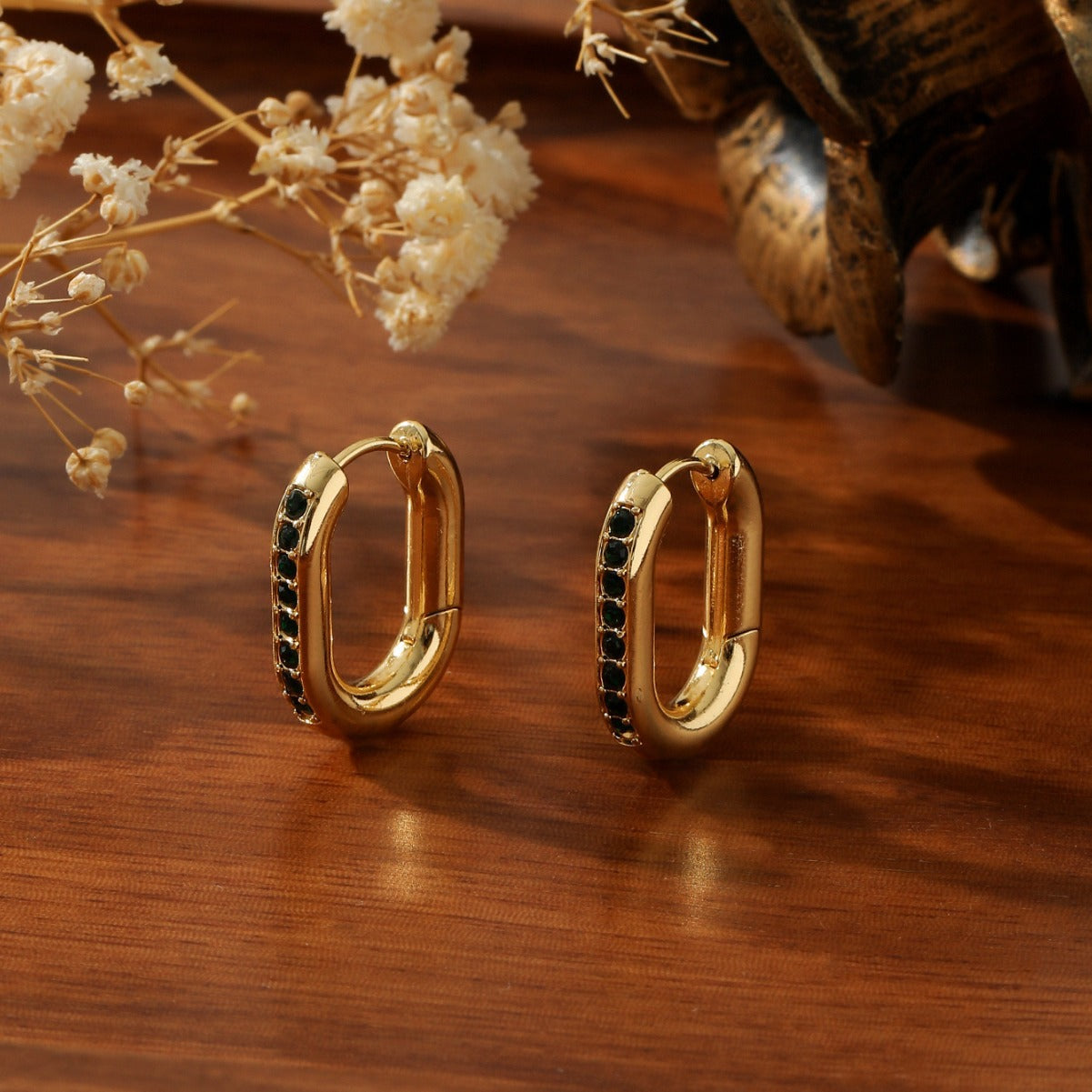 GOLD RECTANGULAR ZIRCONIA HOOP EARRINGS