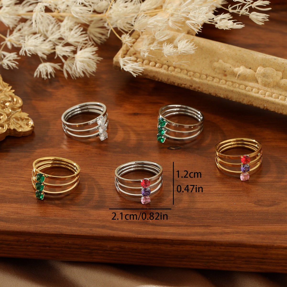 COLORFUL CZ THREE-TIERED PLAIN BAND RING