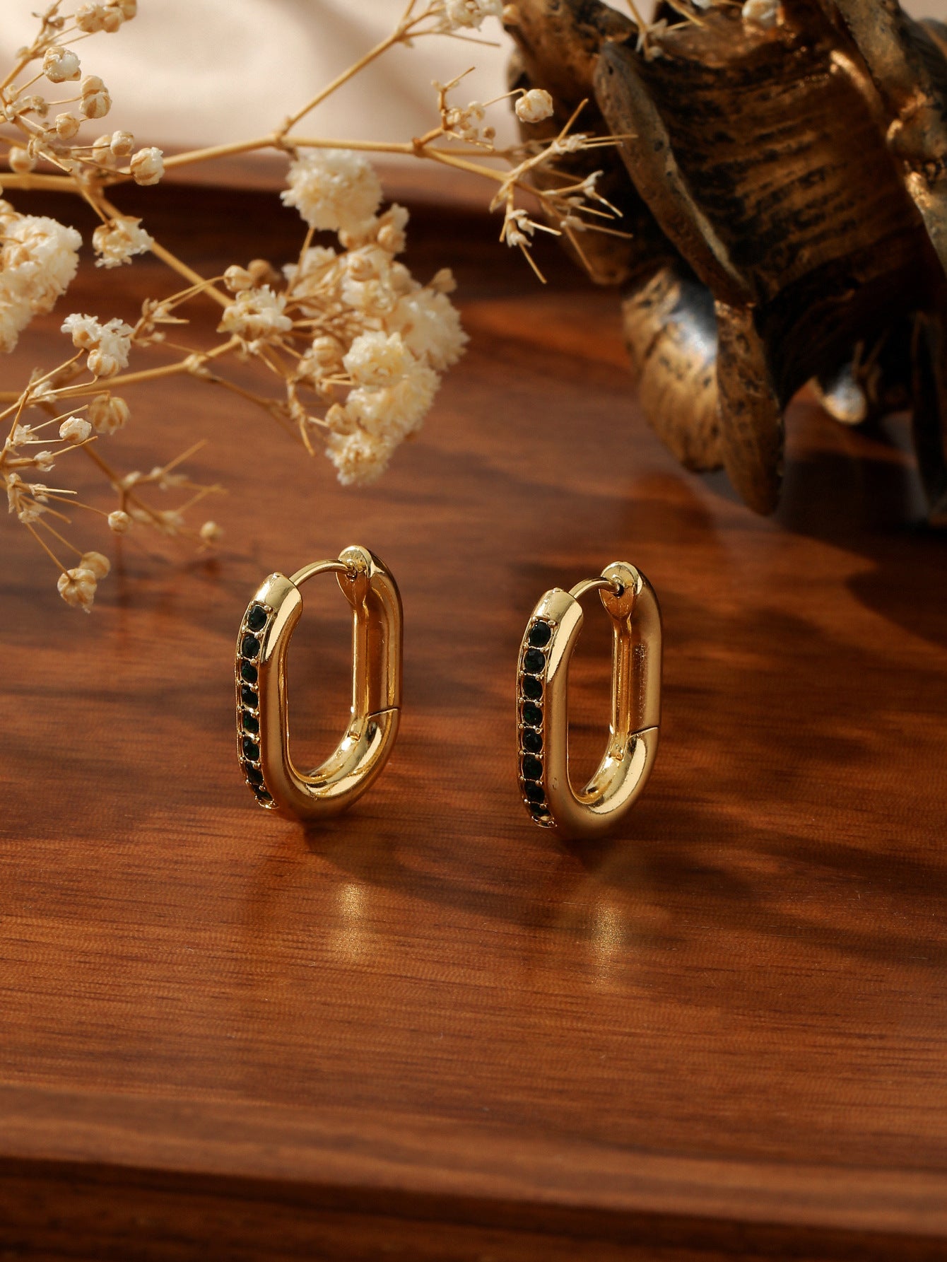 GOLD RECTANGULAR ZIRCONIA HOOP EARRINGS